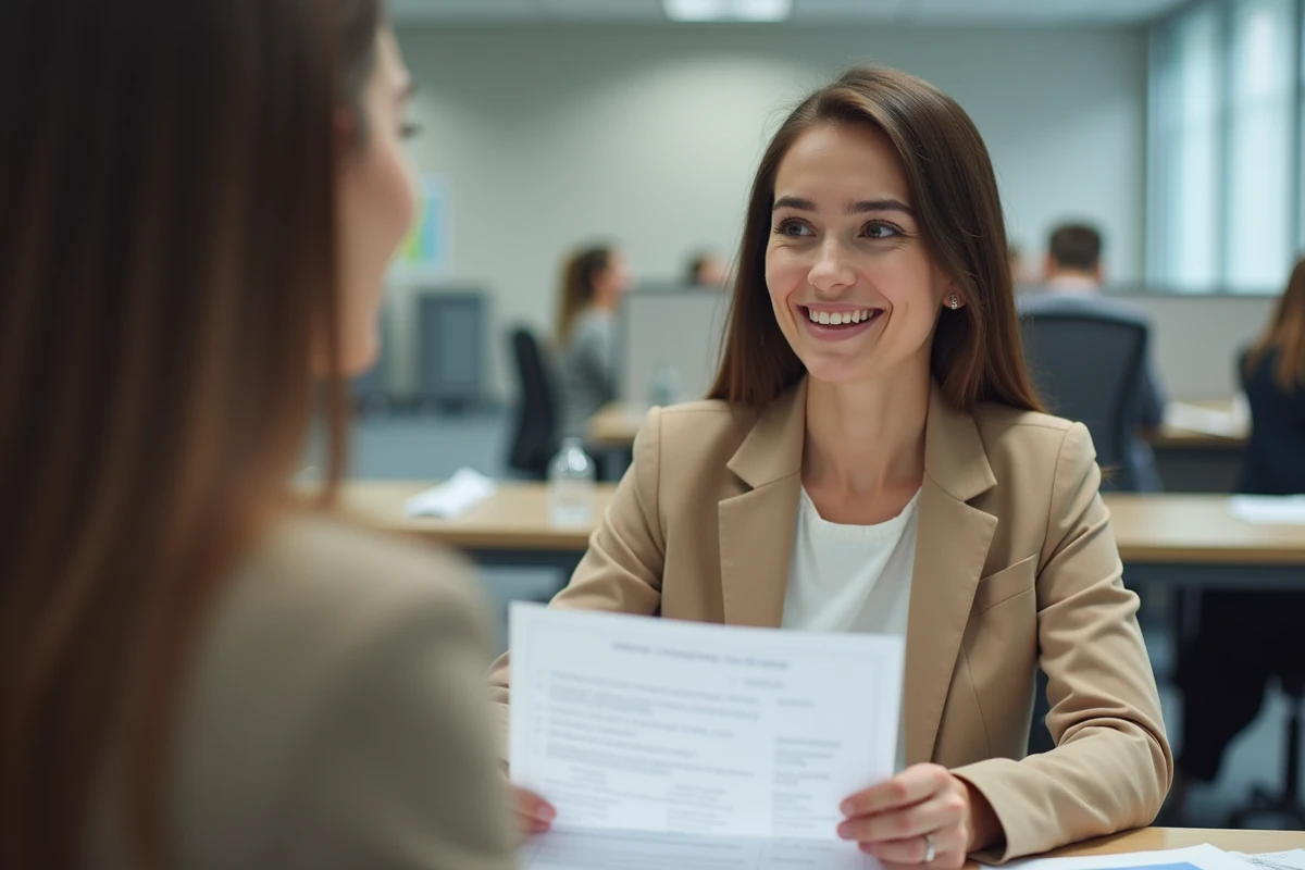 Jeune femme consultant son conseiller France Travail pour valider son CV lors d'une réinscription en agence pour l'emploi
