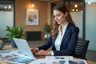 Conseillère en agence de voyages assise à son bureau avec des brochures touristiques et un ordinateur portable