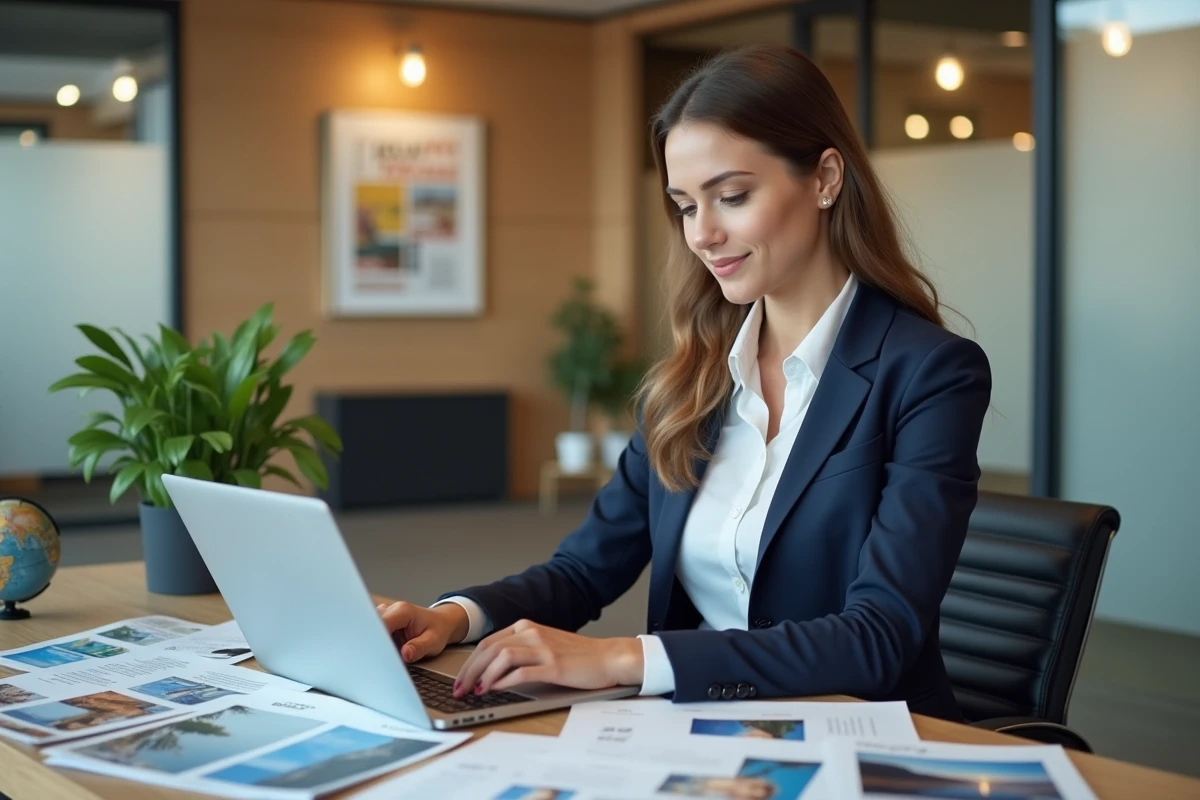 Conseillère en agence de voyages assise à son bureau avec des brochures touristiques et un ordinateur portable