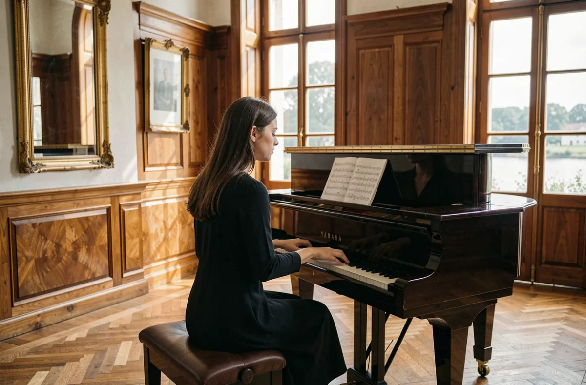 Jeune pianiste en répétition de récital au Conservatoire d'Auxerre, jouant de mémoire dans un salon bourgeois du XIXe siècle avec vue sur l'Yonne