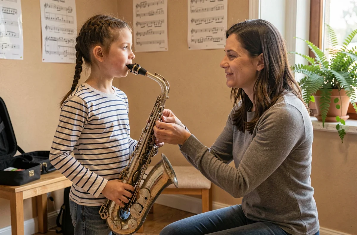Cours individuel de saxophone alto au Conservatoire de Lons-le-Saunier, professeure ajustant la posture d'une jeune élève dans une salle chaleureuse