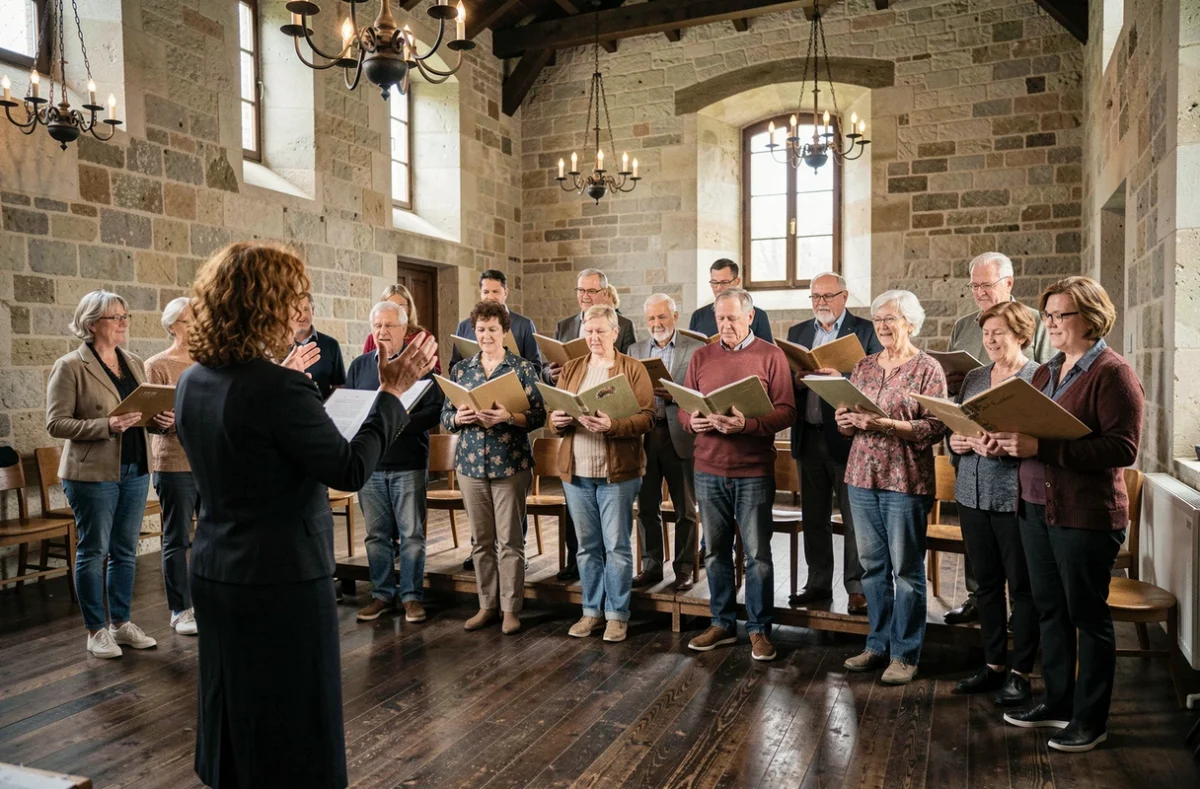 Répétition de chœur amateur au Conservatoire à rayonnement communal de Mâcon, groupe de chanteurs adultes dirigé par une cheffe de chœur dans une salle historique