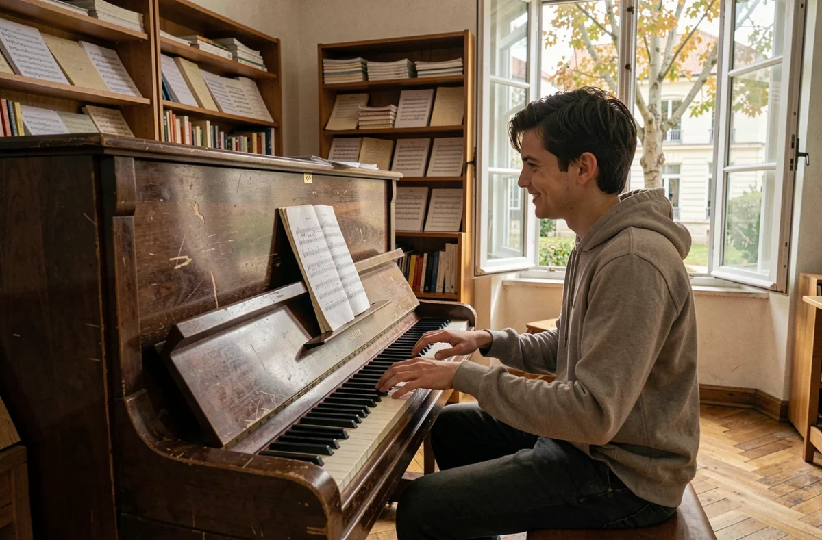 Deux étudiants en répétition de duo de piano au Conservatoire à rayonnement départemental du Grand Chalon, dans un studio chaleureux avec parquet en chevron
