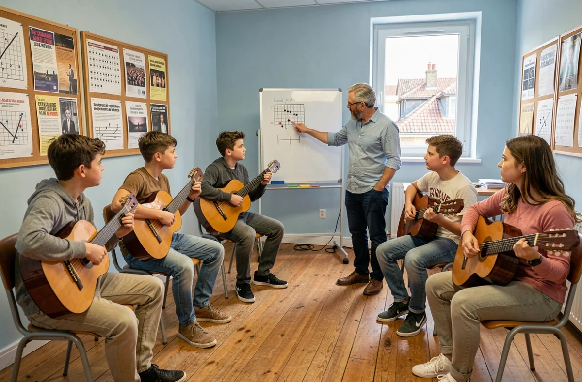 Cours collectif de guitare classique au Conservatoire de Nevers, un groupe d'élèves d'âges variés en demi-cercle avec leur professeur
