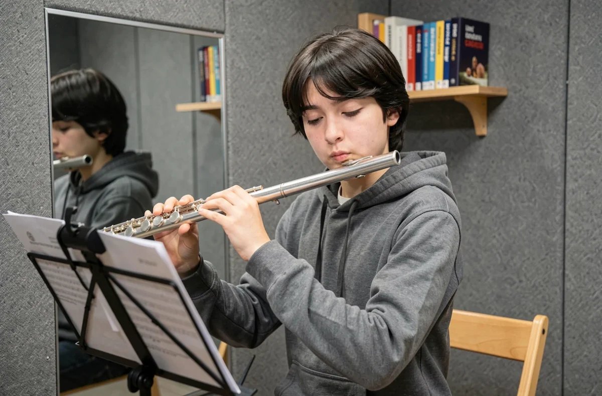 Élève adolescent jouant de la flûte traversière dans une salle de pratique individuelle au Conservatoire du Pays de Montbéliard