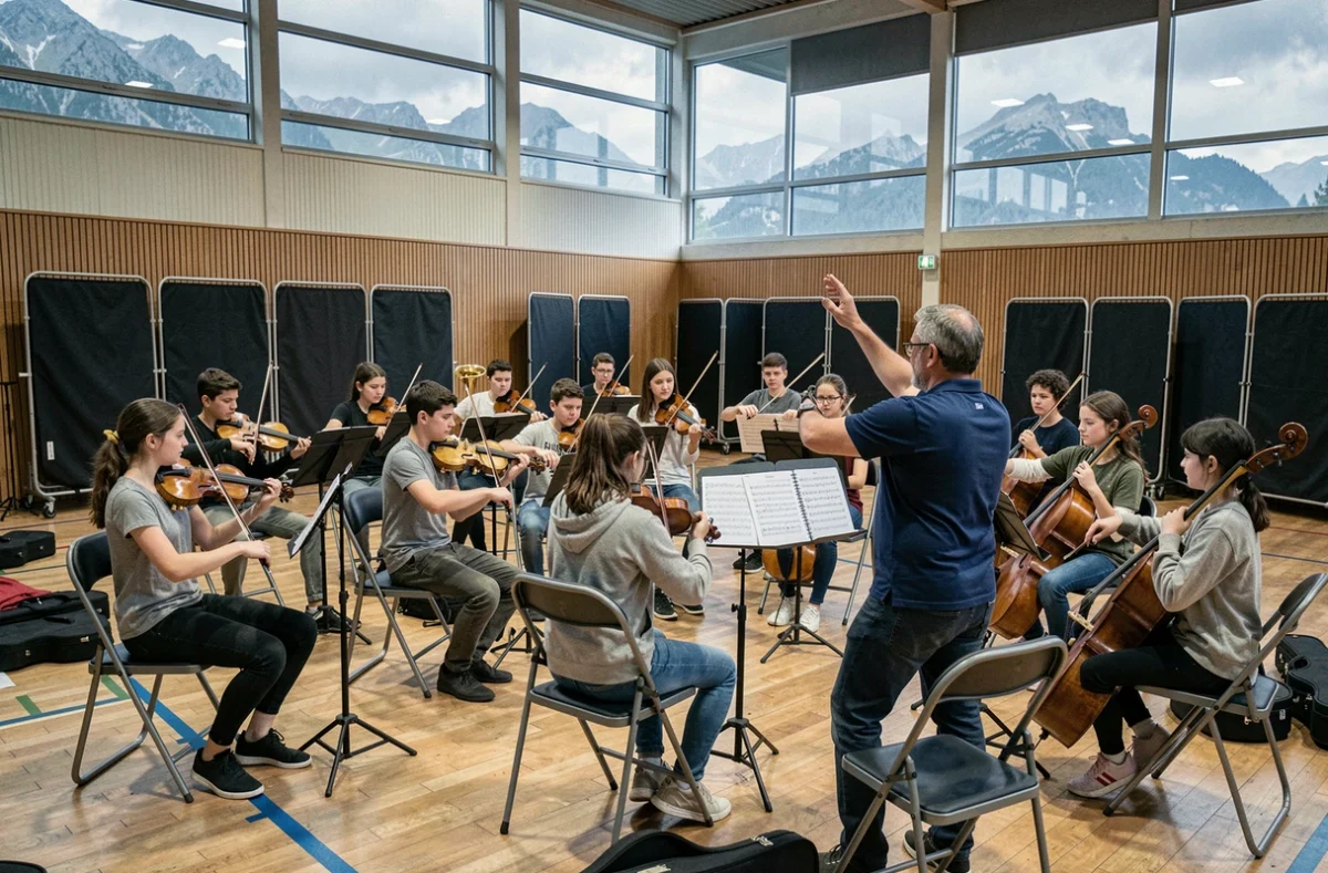 Répétition d'orchestre de jeunes au Conservatoire intercommunal du Grand Dole, enfants et adolescents avec cordes et cuivres dirigés par un chef