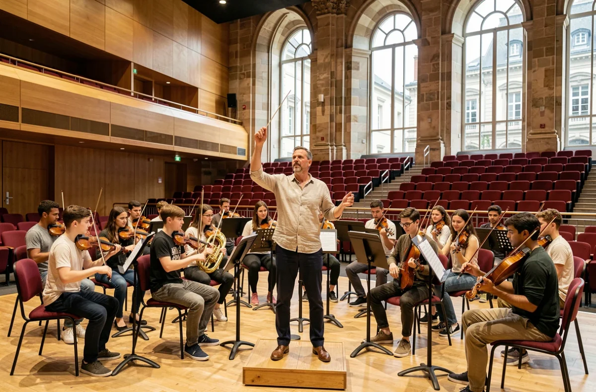 Répétition d'orchestre au Conservatoire à rayonnement régional de Dijon, chef d'orchestre dirigeant un ensemble de jeunes musiciens dans une salle de concert historique