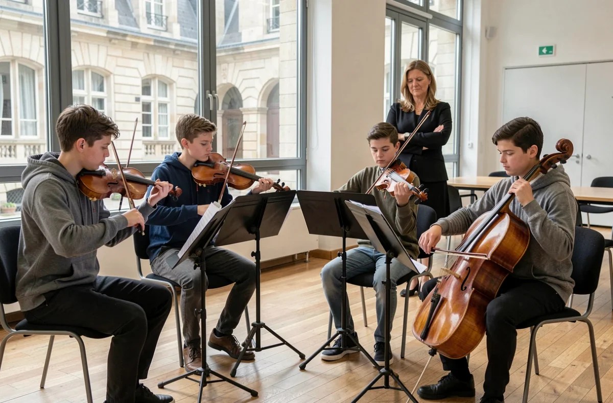 Cours de quatuor à cordes au Conservatoire à rayonnement régional du Grand Besançon, quatre étudiants jouant avec leur professeure dans une salle lumineuse