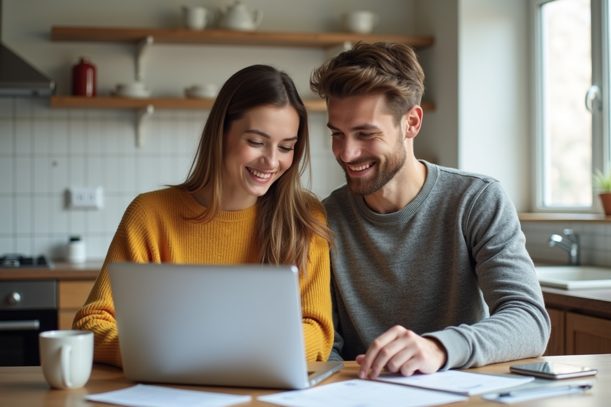 Jeune couple discutant de budget à la cuisine chaleureuse