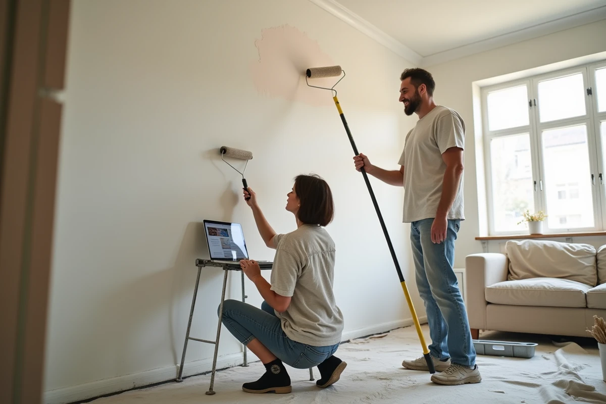 Couple peignant ensemble les murs d'un salon en rénovation avec rouleaux et pinceaux, un tutoriel bricolage ouvert sur ordinateur portable