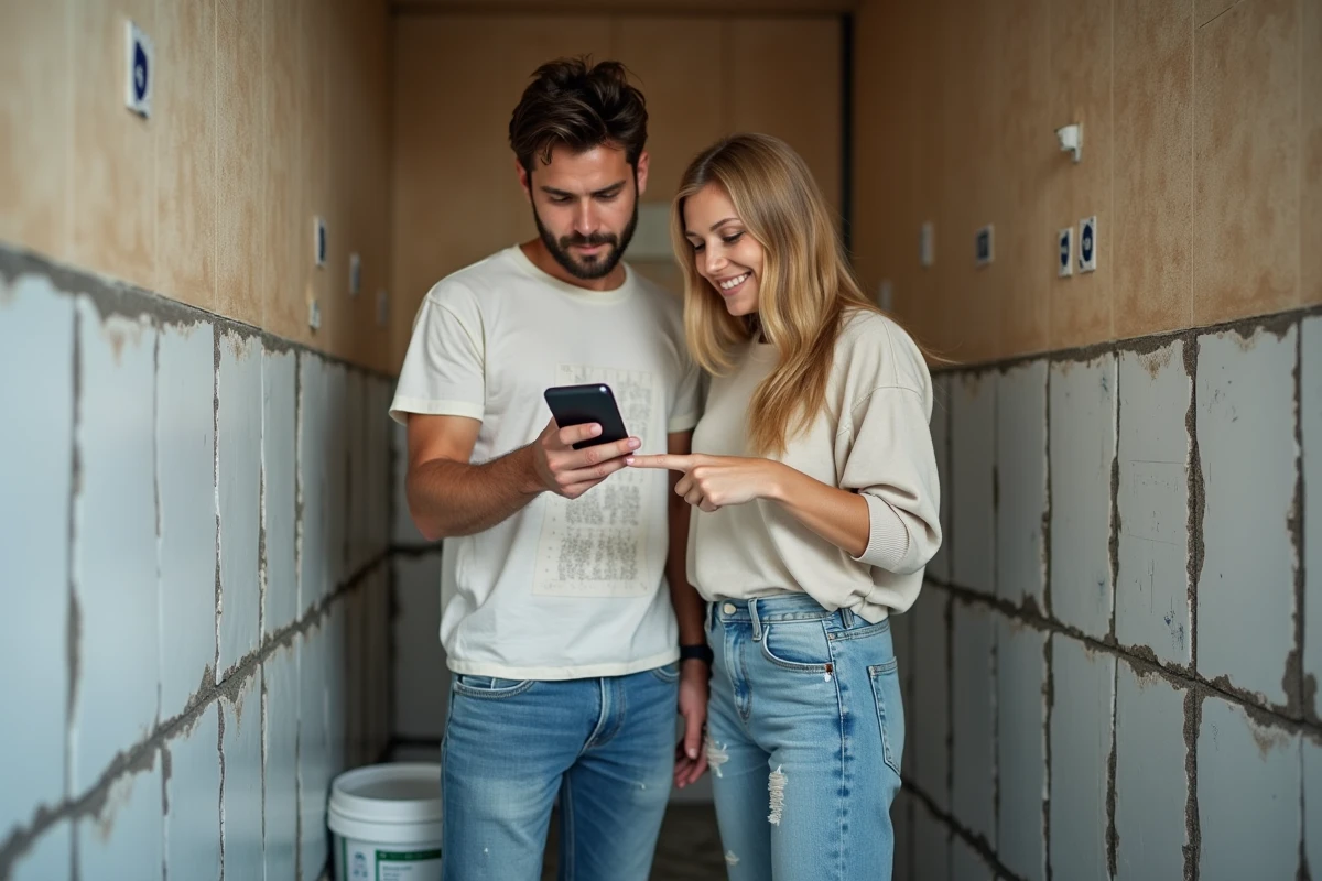 Couple de nouveaux propriétaires carrelant leur salle de bain en suivant un tutoriel en ligne sur smartphone