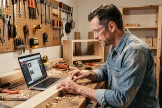 Homme adulte suivant un cours de bricolage en ligne sur un ordinateur portable dans un atelier maison bien équipé