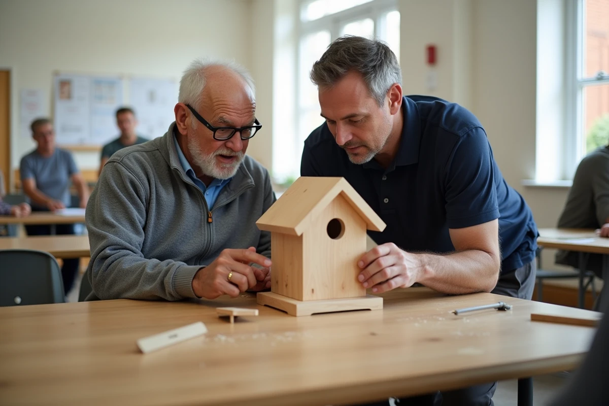 Homme senior apprenant le bricolage avec un instructeur lors d'un cours collectif en centre communautaire