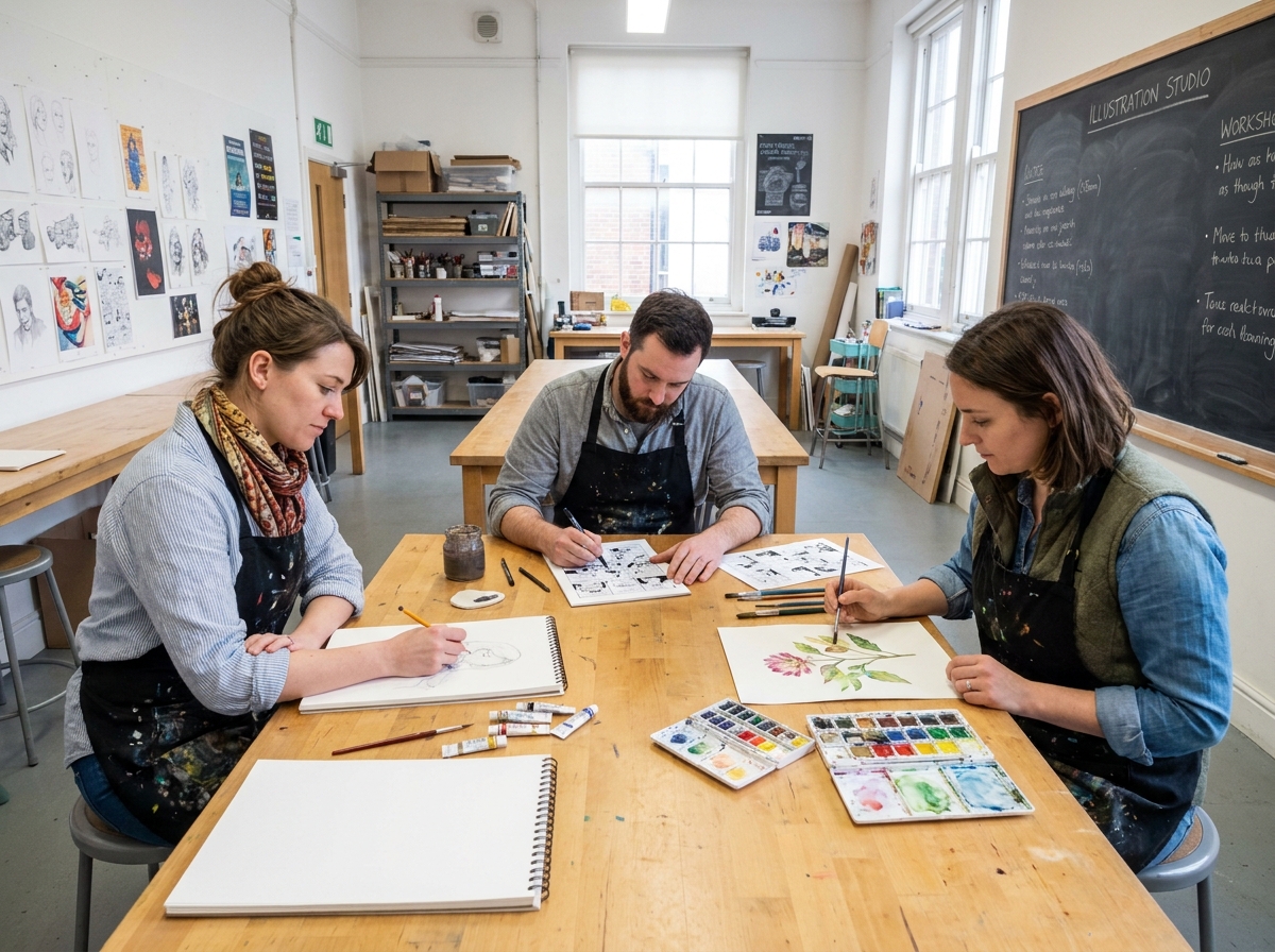 Cours d'illustration en école d'art avec plusieurs étudiants adultes travaillant sur leurs projets créatifs