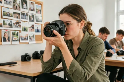 Jeune femme en cours de photographie professionnelle tenant un appareil photo DSLR dans une salle de formation avec des planches de référence au mur