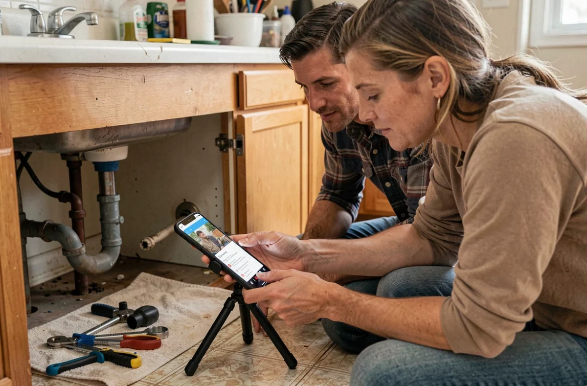 Couple consultant un cours de plomberie en ligne sur smartphone lors d'une réparation DIY dans la cuisine