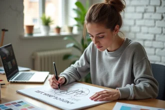 Graphiste esquissant des concepts de logo pour une école sur du papier dans un studio home office moderne