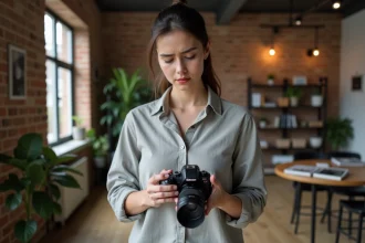 Jeune femme photographe débutante qui étudie les réglages de son appareil photo en studio, illustrant les erreurs courantes en cours de photographie