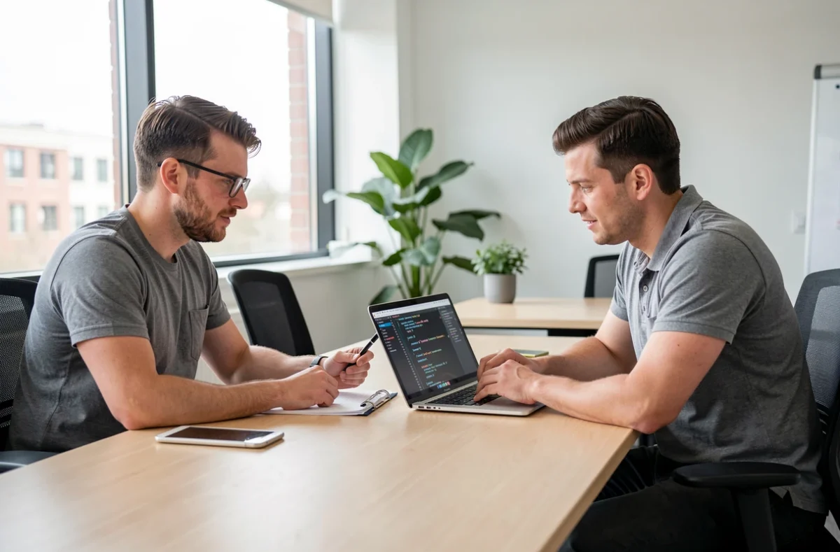 Deux consultants informatiques travaillent sur un ordinateur chez un client