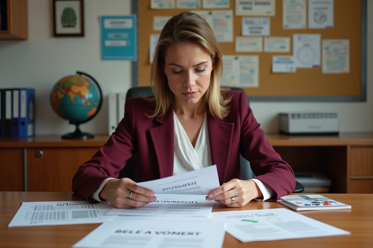 Directrice d'école évaluant des maquettes imprimées de logos dans un bureau scolaire administratif