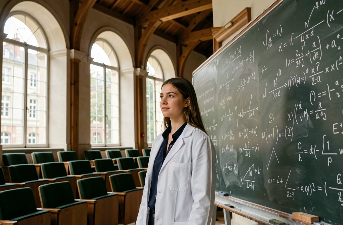 Étudiante en blouse blanche devant un tableau de formules mathématiques dans un amphithéâtre de l'École polytechnique à Palaiseau