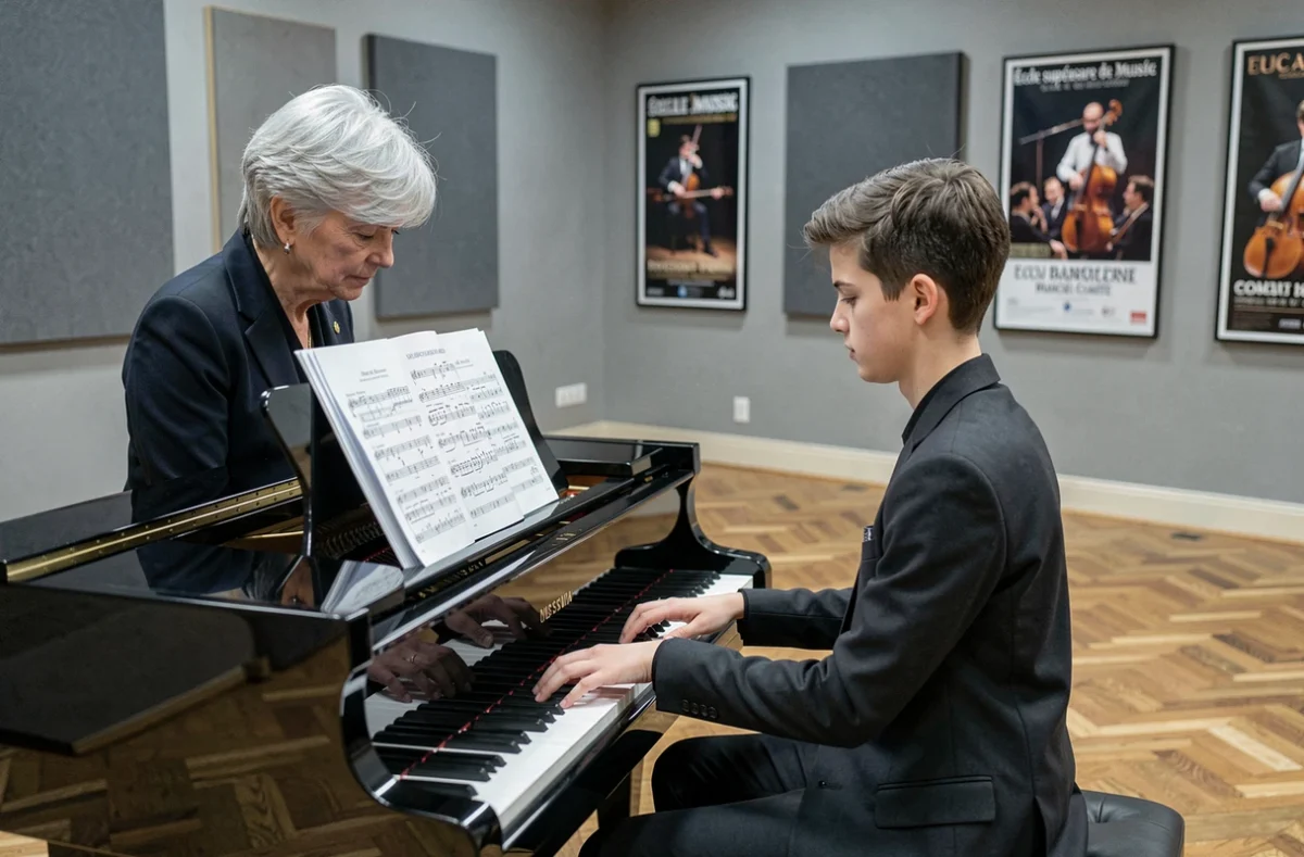 Cours de maître à l'École supérieure de musique Bourgogne-Franche-Comté, professeure guidant un étudiant au piano à queue dans un studio d'enregistrement acoustique