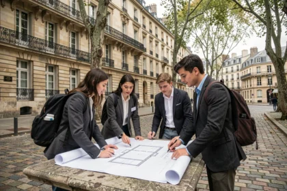 Étudiants en ingénierie autour de plans dans une cour parisienne emblématique, illustrant le classement des grandes écoles d'ingénieurs à Paris