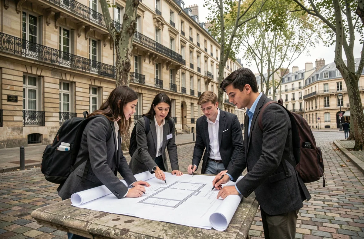 Étudiants en ingénierie autour de plans dans une cour parisienne emblématique, illustrant le classement des grandes écoles d'ingénieurs à Paris