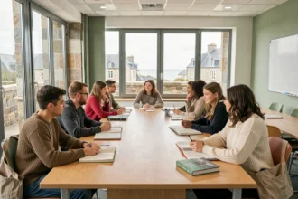 Groupe d'étudiants adultes apprenant des langues dans une école bretonne moderne avec vue sur la ville