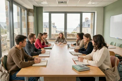 Groupe d'étudiants adultes apprenant des langues dans une école bretonne moderne avec vue sur la ville