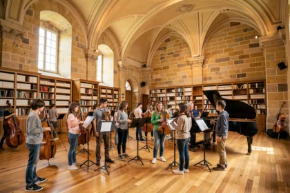 Vue panoramique d'une grande salle de répétition dans une école de musique de Bourgogne-Franche-Comté, avec des étudiants et des instruments classiques variés