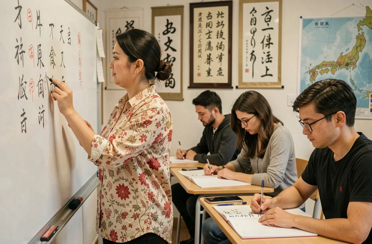 Cours de japonais à l'EFAM en Bretagne avec professeure japonaise écrivant des kanjis au tableau