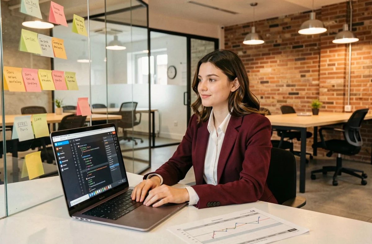 Étudiante travaillant sur une application numérique dans un espace coworking moderne de l'EFREI Paris