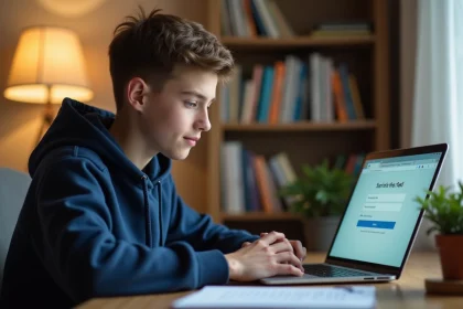Élève adolescent connecté à la plateforme scolaire SCOLAWEB sur un ordinateur portable depuis son bureau à domicile