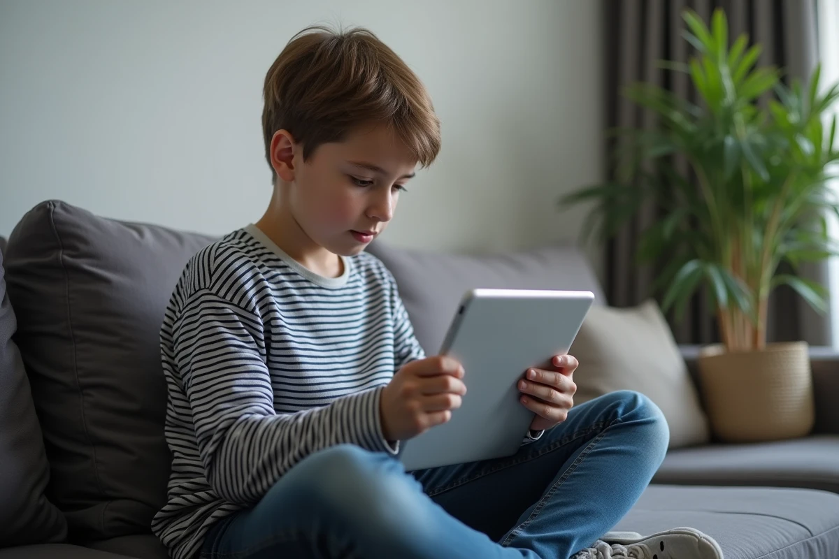 Collégien utilisant une tablette sur le canapé pour accéder à l'espace numérique de travail depuis chez lui