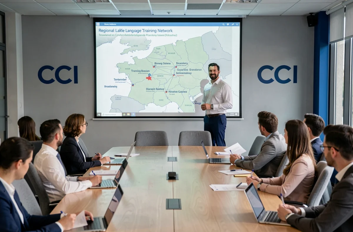 Présentation du réseau régional Elo les Langues CCI de Bretagne avec carte des sites de formation