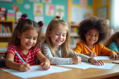 Groupe d enfants de 7 ans en classe avec activités éducatives