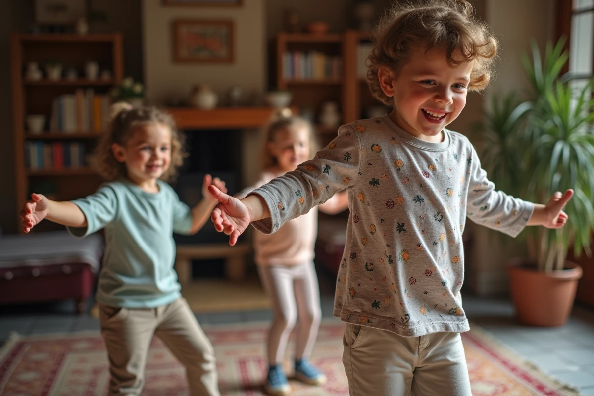 Enfants apprenant le sirtaki dans un salon chaleureux et decoratif