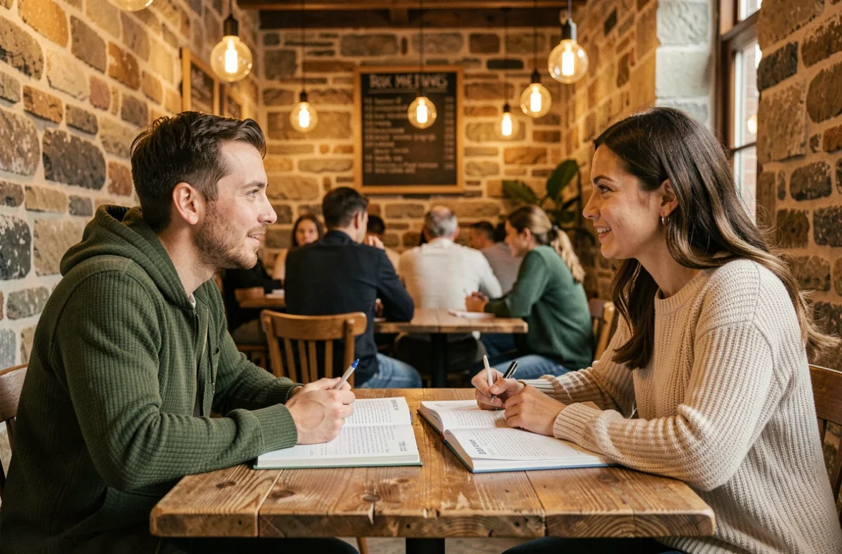 Cours de conversation en anglais entre deux étudiants adultes à English Apart Brest