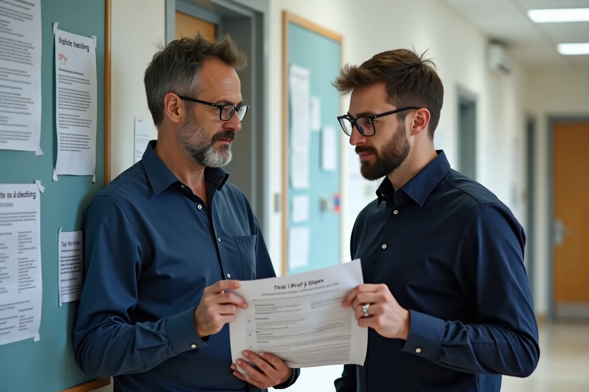 Enseignant discutant avec un collègue près d’un tableau d’affichage