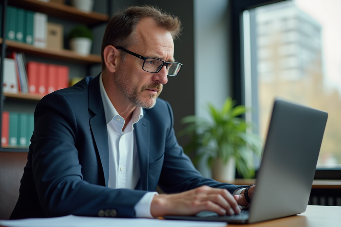 Professeur homme regardant son ordinateur dans un bureau moderne