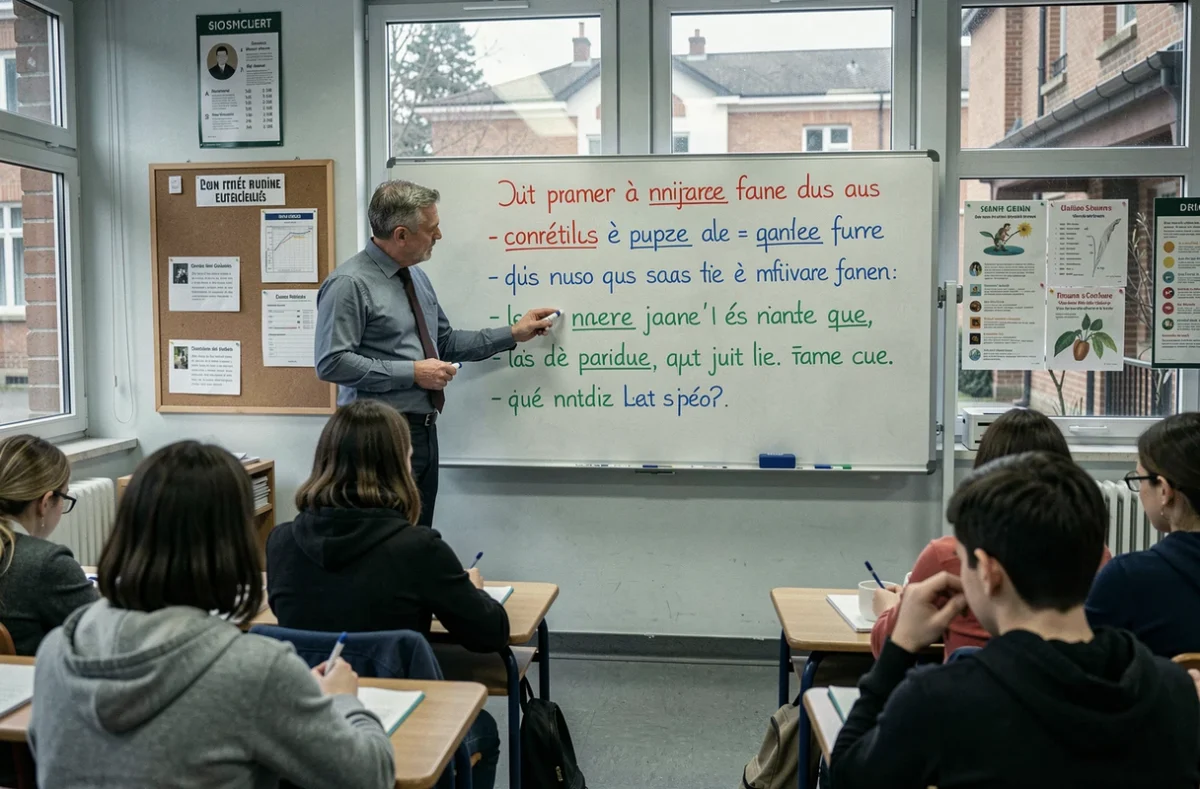 Enseignant expliquant les règles de ponctuation française au tableau blanc devant une classe d'élèves prenant des notes