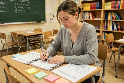 Enseignante débutante CM2 planifiant une progression annuelle de dictées sur son bureau de classe
