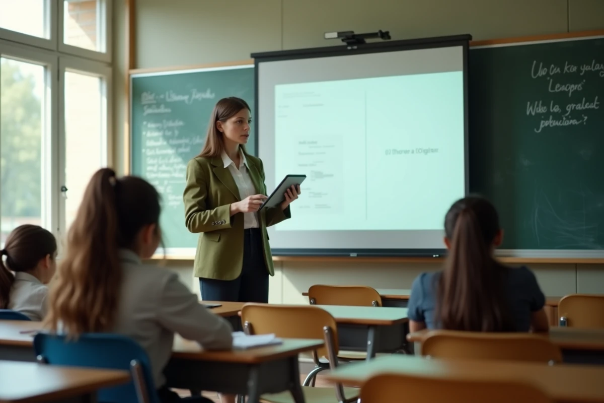 Enseignante présentant la plateforme Cybercollège et le carnet de notes numérique en classe