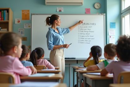 Enseignante d'école primaire devant ses élèves attentifs