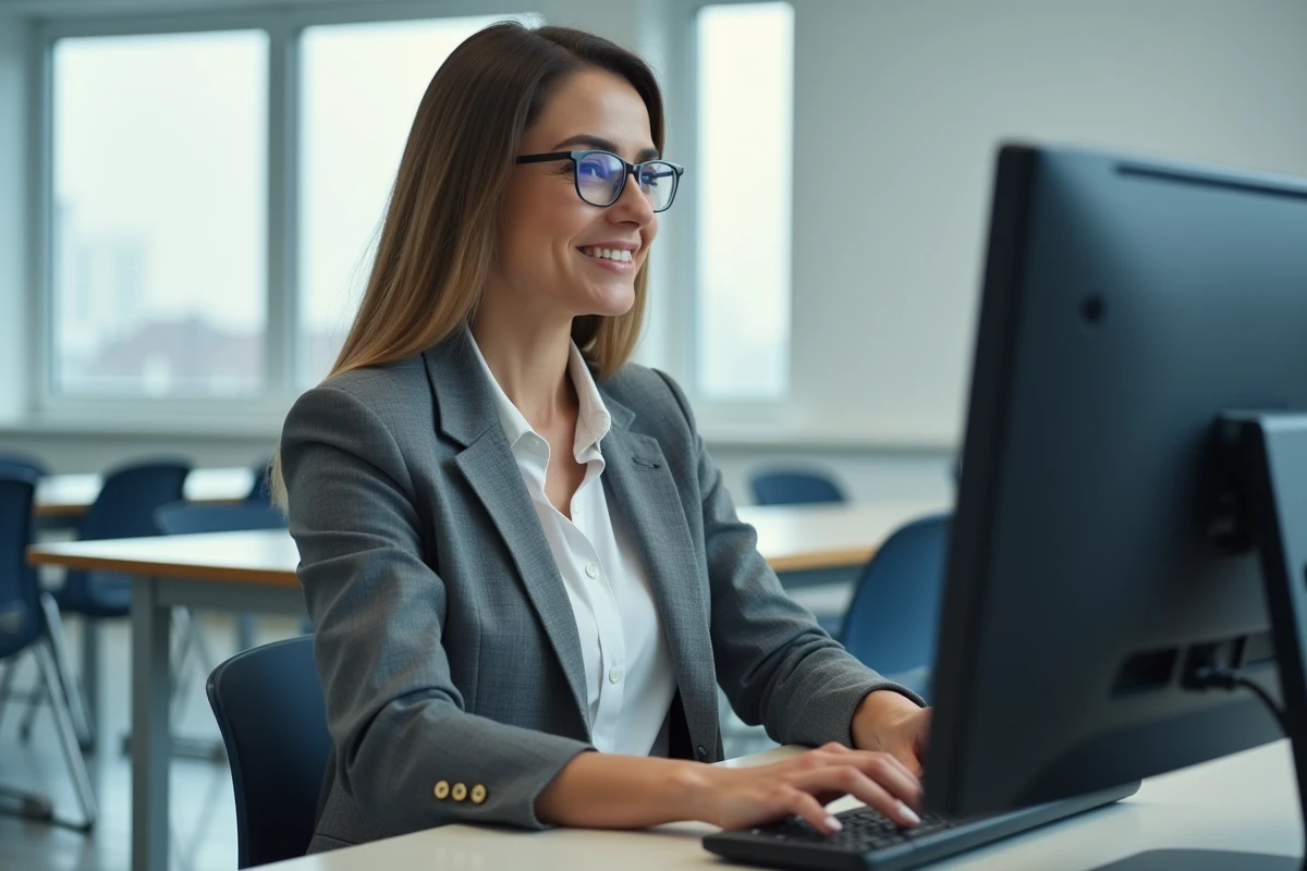 Enseignante accédant à l'interface administrateur de SCOLAWEB depuis une salle de classe moderne