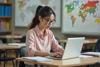 Jeune enseignante au bureau moderne avec ordinateur et œuvres d'élèves