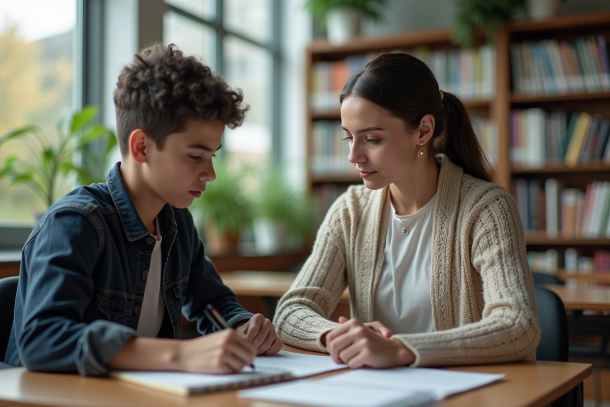 Jeune enseignante aidant un adolescent en bibliothèque