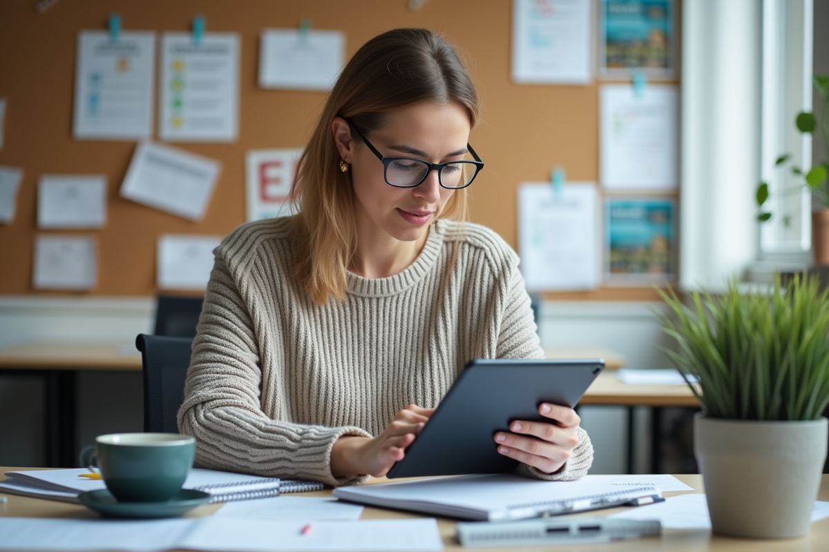 Enseignante regardant des devoirs sur une tablette dans une salle de classe