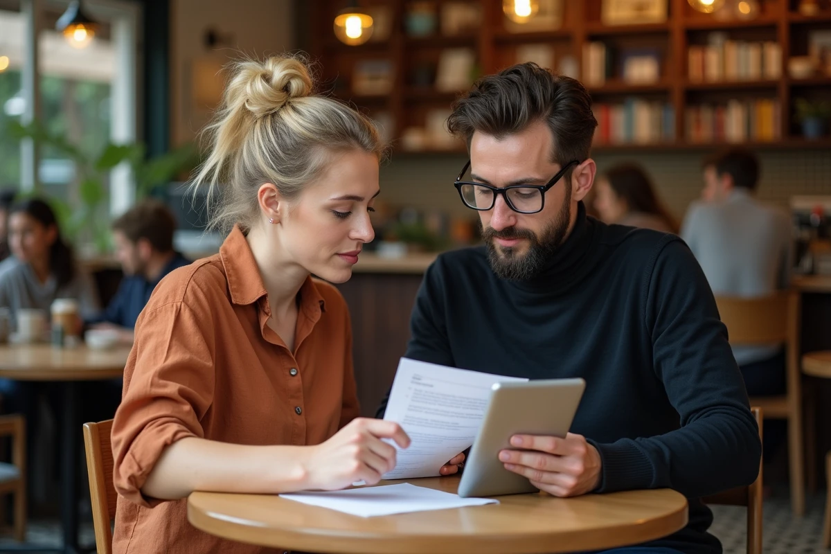 Deux professionnels du secteur culturel discutant d'un CV et d'offres d'emploi autour d'une table dans un café artistique